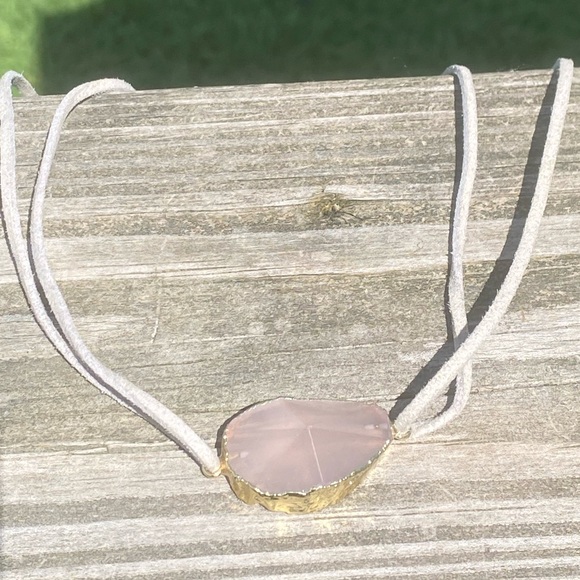 Gold dipped Rose Quartz choker necklace gray leather adjustable ties - Picture 4 of 11